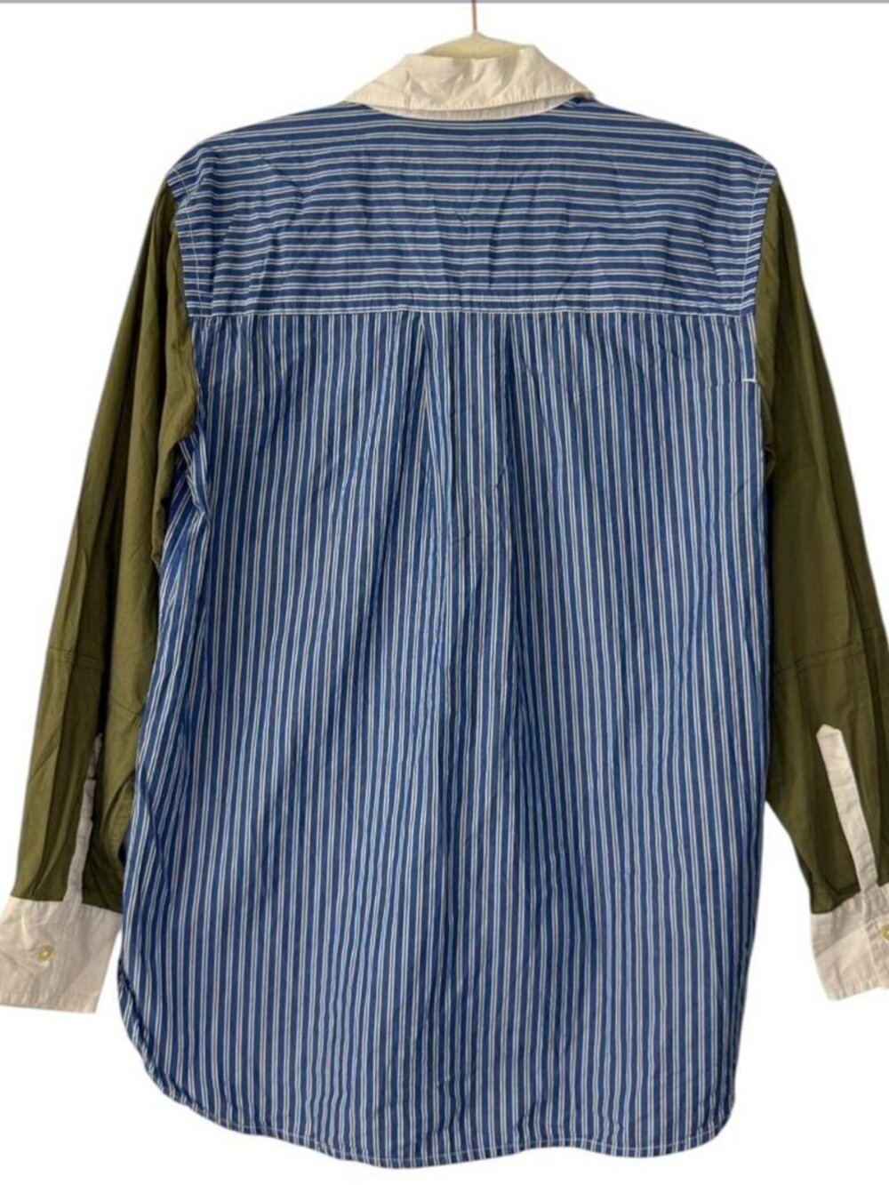 Free Assembly 100% Cotton Blue Striped Button-Up With Green Sleeves Size XS - Picture 3 of 6